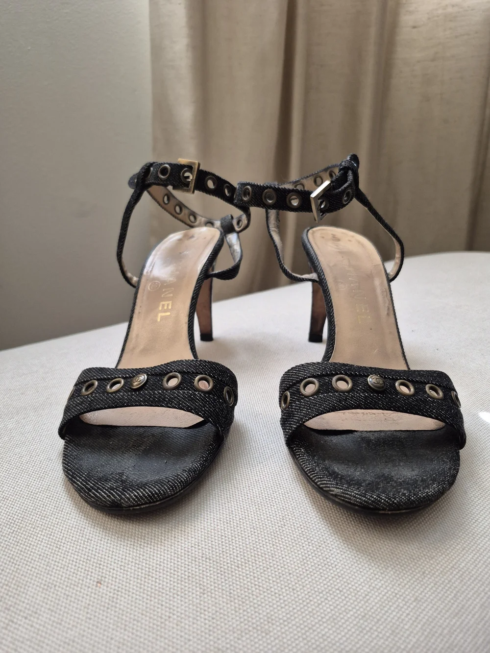 CHANEL Black Denim Studded Open-Toe Heels